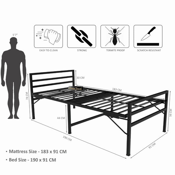 Heaven Shield Folding Bed Single Size With Headboard For Bedroom, Guests And Rented Apartments – Metal, Powder Coated, Black