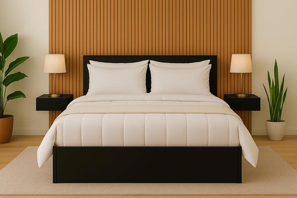 Heaven Shield Engineered Wood Bed in Ebony Black – Queen Size (L1985 x W1560 x H300 mm) | Platform Bed | Modern Wooden Bed for Bedroom, Durable & Stylish Design