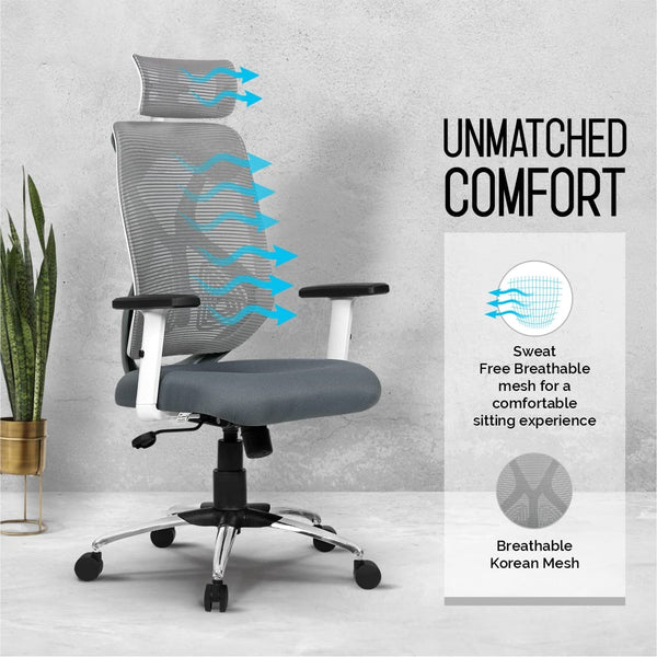 Heaven Shield Ergonomic Mesh Home & Office Chair Imported Pneumatic Hydraulic|2D Adjustable Arm Rest (High-Back), White