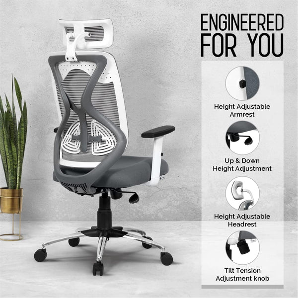 Heaven Shield Ergonomic Mesh Home & Office Chair Imported Pneumatic Hydraulic|2D Adjustable Arm Rest (High-Back), White