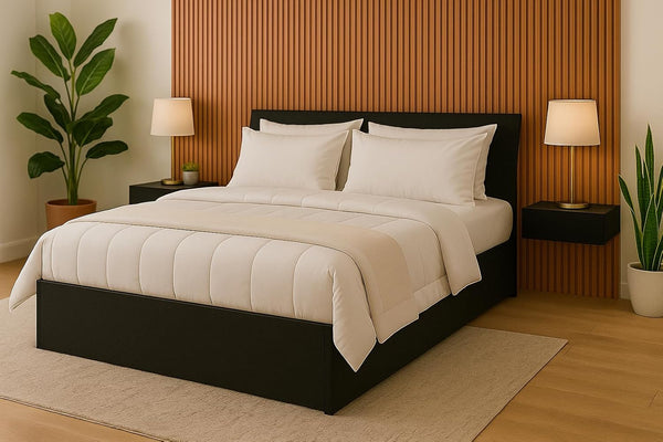 Heaven Shield Engineered Wood Bed in Ebony Black – Queen Size (L1985 x W1560 x H300 mm) | Platform Bed | Modern Wooden Bed for Bedroom, Durable & Stylish Design