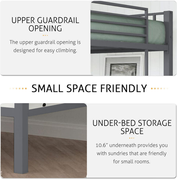Heaven Shield ®™ | Twin Bed for Junior/ Adults with Guard Rail, Metal Bunk Bed Metal Bunk Bed(Finish Color - Grey, DIY(Do-It-Yourself))