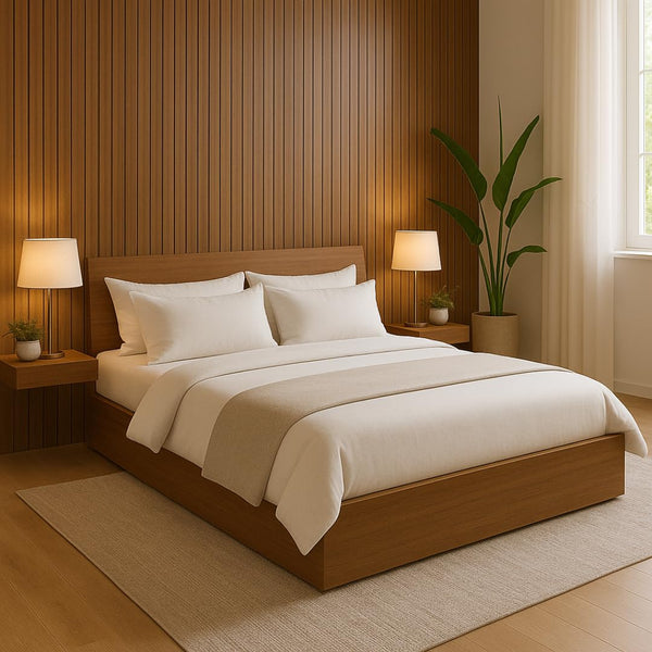 Heaven Shield Engineered Wood Bed in Almond Beige – Queen Size (L1985 x W1560 x H300 mm) | Platform Bed | Modern Wooden Bed for Bedroom, Durable & Stylish Design