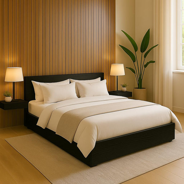 Heaven Shield Engineered Wood Bed in Ebony Black – Queen Size (L1985 x W1560 x H300 mm) | Platform Bed | Modern Wooden Bed for Bedroom, Durable & Stylish Design