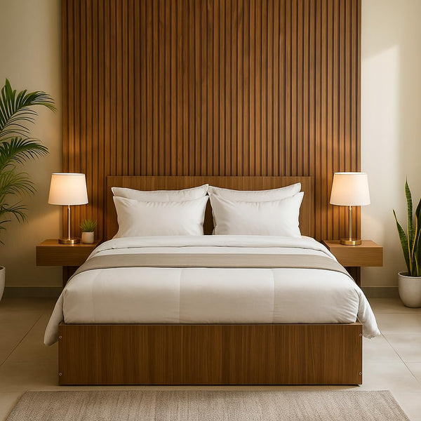 Heaven Shield Engineered Wood Bed in Almond Beige – Queen Size (L1985 x W1560 x H300 mm) | Platform Bed | Modern Wooden Bed for Bedroom, Durable & Stylish Design