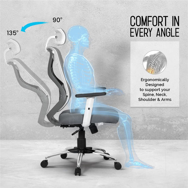 Heaven Shield Ergonomic Mesh Home & Office Chair Imported Pneumatic Hydraulic|2D Adjustable Arm Rest (High-Back), White