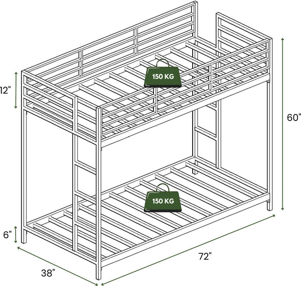 Heaven Shield ®™ | Twin Bed for Junior/ Adults with Guard Rail, Metal Bunk Bed Metal Bunk Bed(Finish Color - Grey, DIY(Do-It-Yourself))