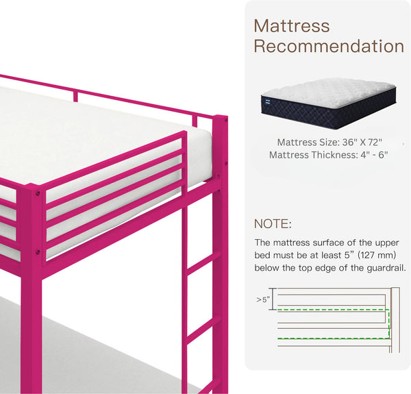 Heaven Shield ®™ | Twin Bed for Junior/ Adults with Guard Rail, Metal Bunk Bed Metal Bunk Bed(Finish Color - Pink, DIY(Do-It-Yourself))